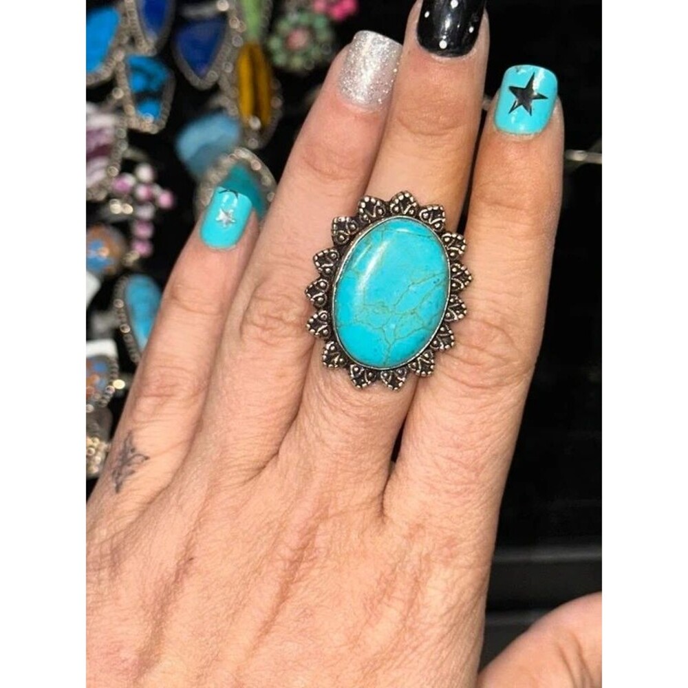 Oval Turquoise Sterling Silver Overlay Ring Size 8